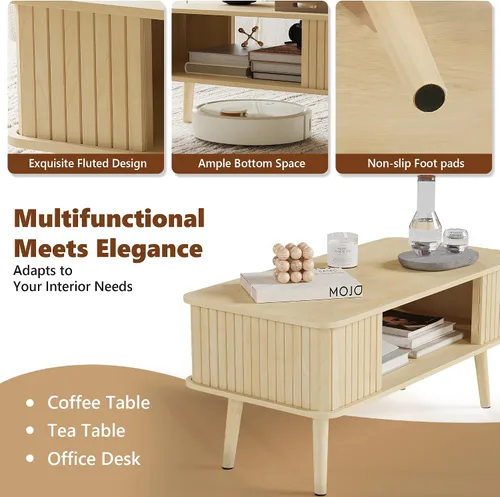 Vista 13 de Mesa de café LAZZO con almacenamiento mesa central para sala de estar mesa de café rectangular con bordes redondeados, fácil montaje, madera natural