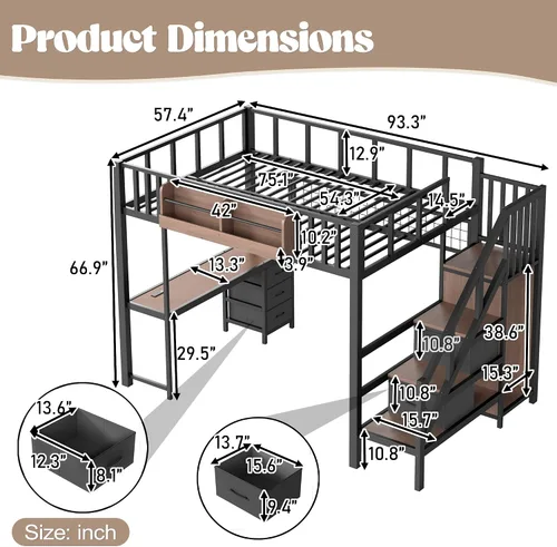 Vista 2 de MERITLINE Cama loft para juegos de tamaño matrimonial con escritorio y Negro