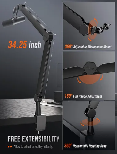 Vista 3 de FIFINE Soporte de brazo para micrófono, brazo de micrófono con abrazadera de escritorio, canales de cable, roscas de 3/8" a 5/8", soporte
