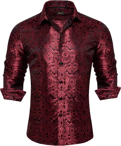 Vista 18 de DiBanGu Camisa de vestir de paisley de seda para hombre, formal, de manga larga, con cuello abotonado, camisas informales para fiesta de boda Negro