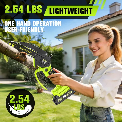 Vista 5 de Mini motosierra inalámbrica, motosierra eléctrica de 6 pulgadas con batería de 2000 mAh, motosierra de mano de 1000 W con engrasador automático
