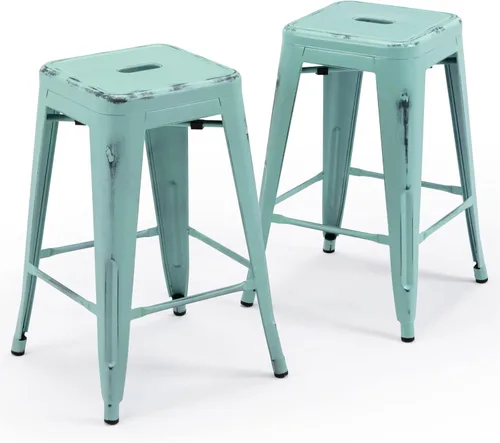 Vista 32 de Vogue Furniture Direct 24" Taburetes de bar de metal sin respaldo negros para interiores/exteriores, altura para encimera con asiento cuadrado