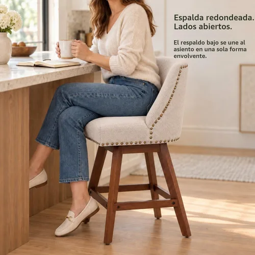 Vista 3 de Juego de 2 taburetes de bar giratorios modernos, taburetes de bar de 26.6 pulgadas de altura de mostrador beige con respaldo para isla de cocina