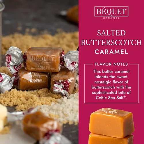 Vista 4 de Béquet Caramelos salados de caramelo de mantequilla gourmet suaves envueltos individualmente, sin gluten y kosher, bolsa resellable de 24 onzas