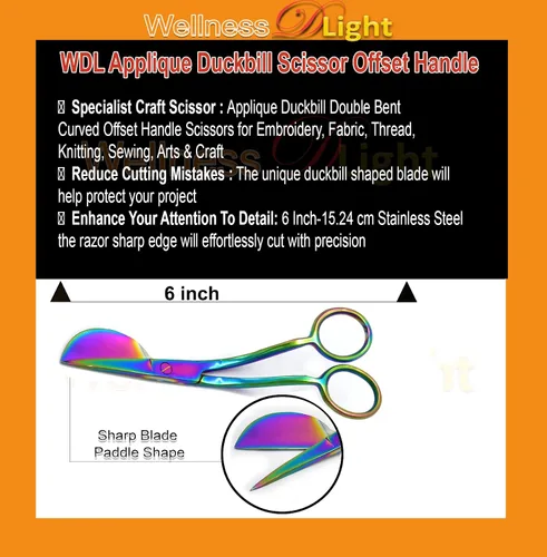 Vista 2 de WellnessD'Light Applique Pelican Duckbill Blade 5.8 pulgadas – Tijeras curvadas con mango compensado doblado doble para bordado, tela, hilo, tejer