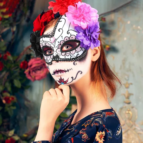 Vista 6 de Leyndo 4 piezas Día de los Muertos Azúcar Medio Calavera Máscara de Ojos Máscara Mexicana Mascarada Máscaras Halloween Cosplay Fancy Dress