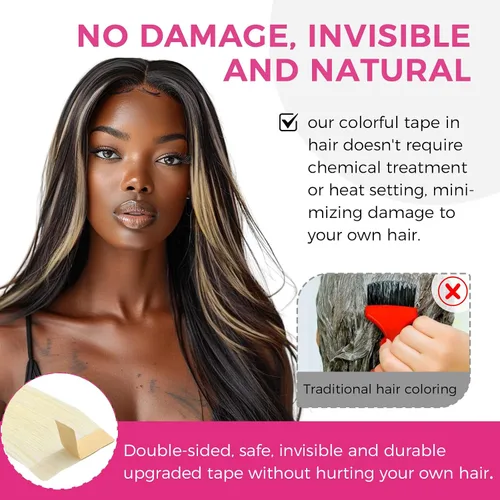 Vista 26 de Extensiones de cabello Lashey de 14 pulgadas; extensiones de cabello humano real lacio color negro azabache con trama adhesiva para mujeres, 20