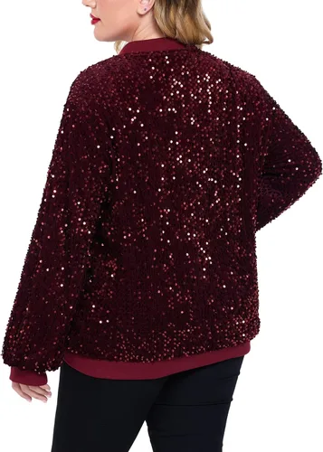 Vista 5 de IN'VOLAND Chaqueta de lentejuelas para mujer, talla grande, chaqueta de manga larga brillante con cremallera frontal, holgada, casual, chaqueta