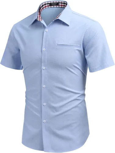 Vista 4 de COOFANDY Camisa de vestir Oxford de manga corta para hombre, camisa de trabajo con botones de cambray, camisas casuales con cuello a cuadros