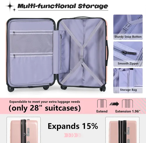 Vista 4 de AnyZip Maletas de equipaje con ruedas giratorias PC+ABS Hardshell TSA Lock, Rosado