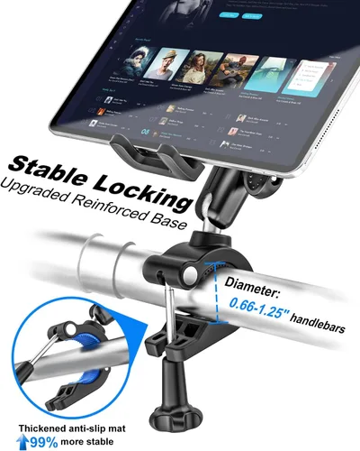 Vista 6 de Soporte para tableta de bicicleta, abrazadera para manillar, brazo de metal antivibración, soporte universal para iPad para cinta de correr