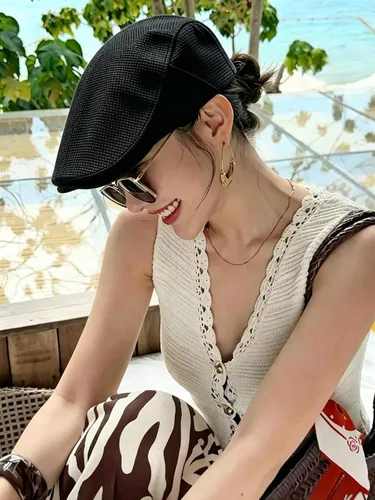 Vista 3 de Gorra de lino sintético para hombre, diseño de periódico con textura tejida ajustable Negro