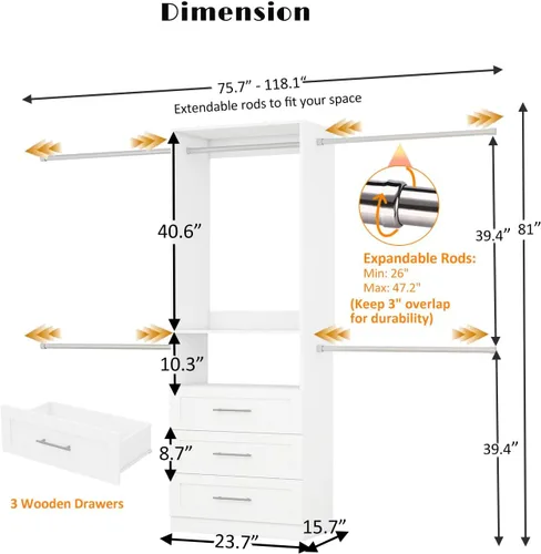Vista 2 de Sistema de armario, sistema de organizador de armario de 4 pies - 9 pies con 3 cajones de madera, sistema de almacenamiento con 5 varillas colgantes