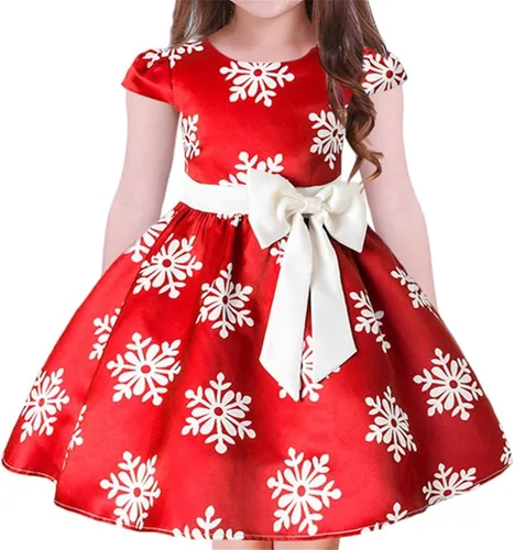 Vista 6 de Vestido de Navidad para niñas pequeñas, con estampado de copos de nieve, para boda, formal, cumpleaños, fiesta, con cinturón de lazo