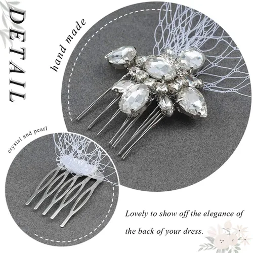 Vista 3 de Heread 1920s Crystal Bride Velo de jaula de pájaros para novia accesorios con peine para mujeres y niñas