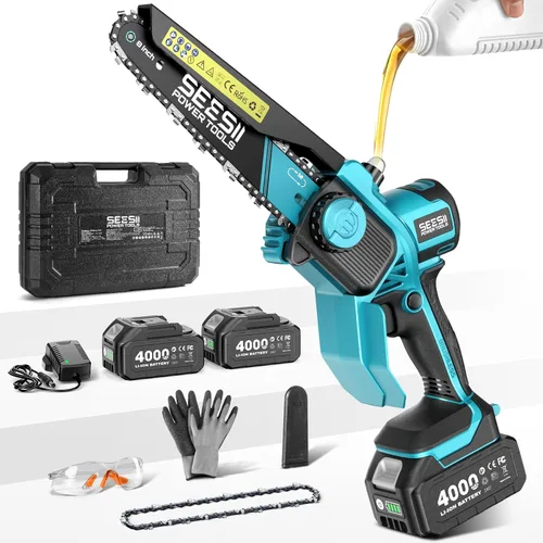 Vista 11 de SEESII Mini motosierra sin escobillas de 6 pulgadas, sierra de mano con 2 baterías de 2000 mAh, motosierra inalámbrica con engrasador automático