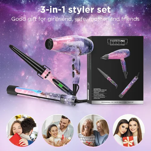 Vista 2 de 3 en 1 1875W secador de pelo alisador rizador, juego de peinado PARWIN PRO BEAUTY para el cabello, regalo de San Valentín, secador de pelo iónico