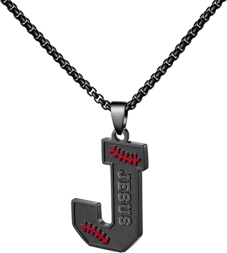 Vista 61 de Ldurian Collar personalizado con nombre de béisbol, cadena negra de acero inoxidable, collar con nombre deportivo, letra A-Z de 24 pulgadas, regalos