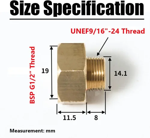 Vista 2 de Adaptador de tubo de rosca de latón, UE G1/2 pulgada hembra a US 9/16-24 UNEF Conector convertidor de rosca macho para manguera de suministro