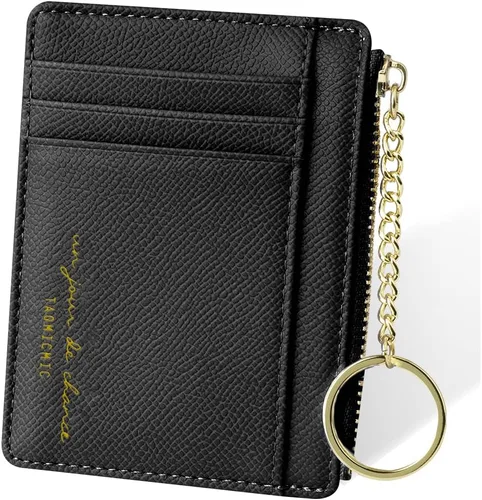 Vista 107 de URAQT Cartera para tarjetas de crédito, cartera minimalista de cuero delgado con cremallera, mini protector de tarjeta de crédito, llavero bolsillo