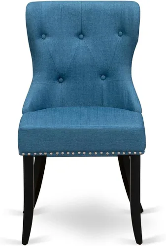 Vista 4 de East West Furniture SIP1T21 Sion Parson - Juego de 2 sillas tapizadas de tela de lino azul con ribete de clavos y botones copetudos, color negro