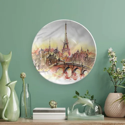 Vista 5 de XISUNYA Plato decorativo de 6 pulgadas, placa de cerámica de la Torre Eiffel, impresión de paisaje urbano de Francia, para colgar en la pared