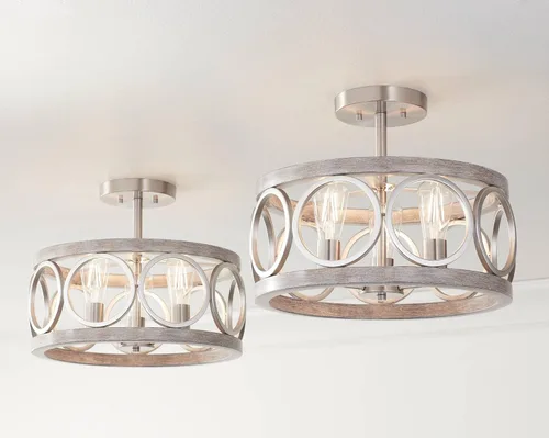 Vista 8 de Franklin Iron Works Salima - Lámpara de techo industrial rústica de 16 pulgadas de ancho, 3 luces con acabado de madera gris níquel cepillado