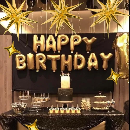Vista 5 de Kit de Globos de Papel Aluminio con Estrella Dorada - Paquete de 6 Globos de Cono y Punta de Explosión Estelar de 12 Puntos con 10 Piezas