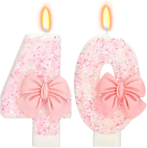 Vista 10 de Vela de cumpleaños para pastel, vela 0 - purpurina rosa con lazo, vela de feliz cumpleaños de 2.76 pulgadas, adorno superior de pastel para fiestas
