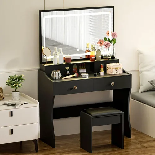 Vista 2 de COMHOMA Escritorio de tocador con espejo de luces LED y toma de corriente, pequeño juego de mesa de tocador de maquillaje con 5 cajones de Mate-Negro