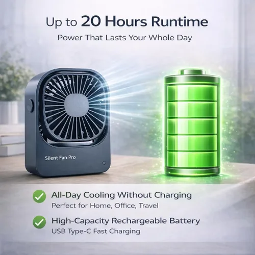 Vista 7 de Ventilador de escritorio portátil, ventilador pequeño inalámbrico recargable por USB de alta capacidad con rotación de 360°, ventilador personal Azul