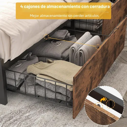 Vista 6 de Lifezone Estructura de Cama Full con Cabecero de Almacenamiento de 2 Niveles, Estructura de Cama de Plataforma de Metal con 4 Cajones de Marrón