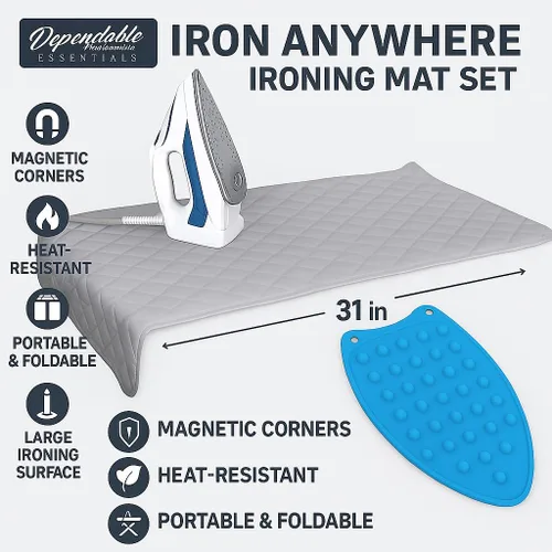 Vista 2 de Iron Anywhere - Tapete de planchado magnético acolchado con soporte de silicona resistente al calor, viajes y hogar, 18 x 31 pulgadas Azul
