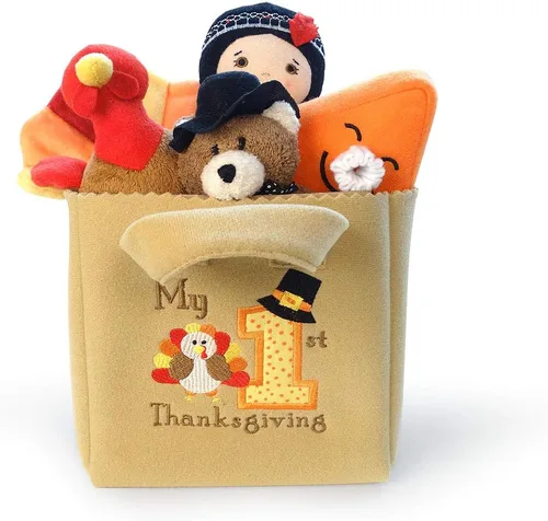 Vista 2 de Genius Baby Toys Mi primer juguete de Acción de Gracias con pavo de peluche, oso de peluche, pastel de calabaza, niña indígena nativa americana