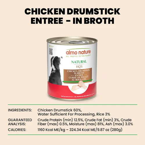 Vista 6 de almo nature HQS - Muslo de pollo natural en caldo, sin gluten, sin aditivos, comida húmeda enlatada para perros adultos, triturada, 12 x 280 g/9.87