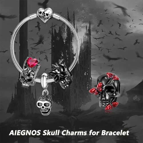 Vista 5 de AIEGNOS Dijes de calavera para pulsera de plata de ley 925 con diseño anatómico de corazón de pulmón, cerebro de calavera, esqueleto gótico