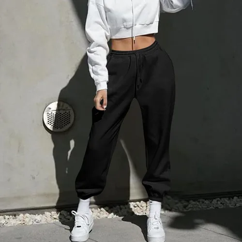 Vista 4 de Pantalones deportivos holgados de cintura alta para mujer, pantalones de otoño con parte inferior de cincha con bolsillos, pantalones deportivos