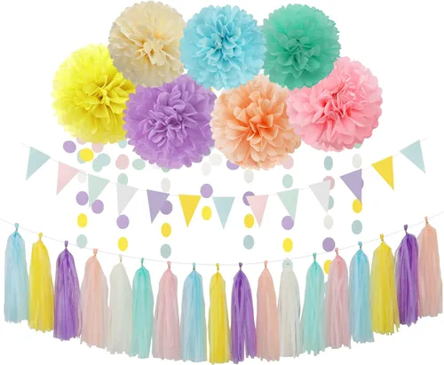 Vista 15 de Decoraciones de Fiesta de Halloween Negro-Morado Naranja Verde - 30 piezas Pompones de Papel Tissue, Serpentinas, Guirnalda de Borlas, Pancarta