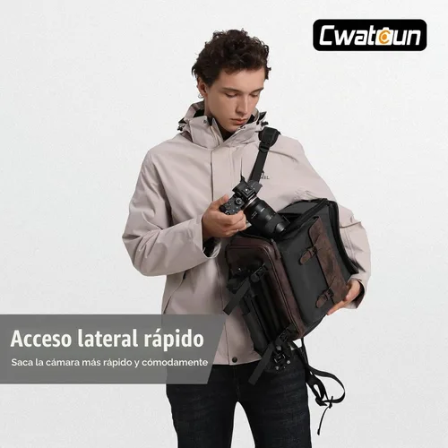 Vista 5 de Cwatcun Canvas Camera Backpack, DSLR SLR Camera Bags for Photographers with Waterproof Rain Cover, Camera Case with Laptop Compartment & Tripod 1.0