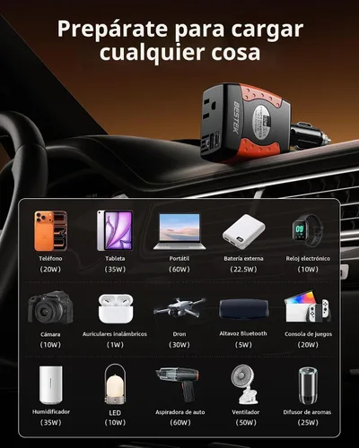 Vista 5 de BESTEK Inversor de corriente de 150 W, convertidor de voltaje de 12 V a 110 V, cargador de coche, adaptador de corriente con puertos de carga USB