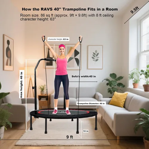 Vista 6 de RAVS Mini Trampolín para Niños y Adultos de 40"/48" Plegable de Fitness Reboteador Trampolín para Niños con Manija Ajustable en Altura de 5 Niveles