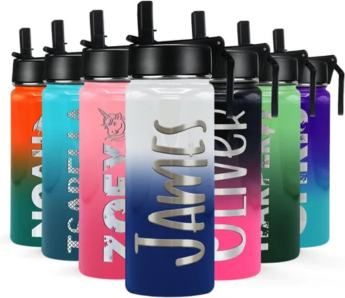 Vista 32 de Botella de agua personalizada para niños con tapa de popote en azul aguamarina degradado para la escuela, nombre personalizado para niños, 18 onzas