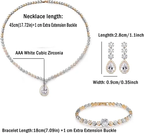 Vista 2 de Hadskiss - Juego de joyas, collar y aretes colgantes, chapado en oro blanco con circonia cúbica blanca AAA, joyería para bodas y fiestas