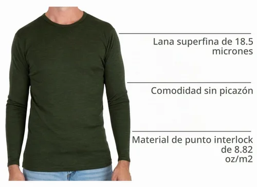Vista 4 de MERIWOOL Capa base para hombre, 100% lana merina, peso medio, manga larga, camisa térmica Verde militar