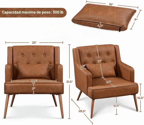Vista 3 de Yaheetech Silla decorativa, silla de sala de estilo Mid Century con cojín lumbar de piel sintética PU, cómoda silla tapizada para leer con patas