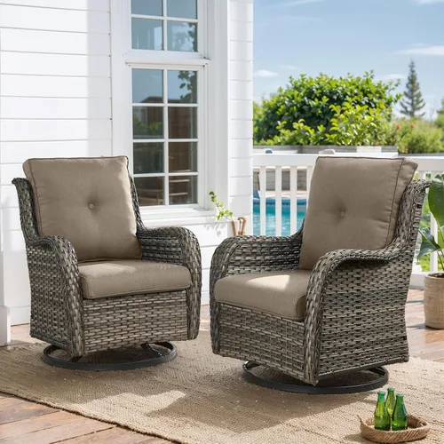 Vista 85 de HUMMUH Juego de 2 Sillas Giratorias Mecedoras de Mimbre para Patio Exterior, Juego de Muebles de Sillas Mecedoras de Ratán (Marrón, Azul) 50,000