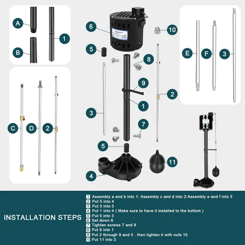Vista 4 de Pedestal Sump Pump Thermoplastic Pedestal Pump 1/3 HP 45GPM-Black Vertical Float Switch, Stainless Steel Impeller, 10 Ft Cord Line, Fits in 12