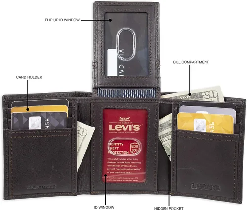 Vista 4 de Levis Mens Trifold Wallet-Sleek and Slim Includes Id Window and Credit Card Holder