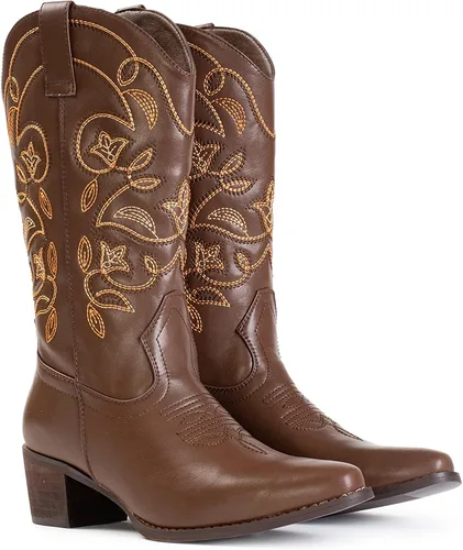 Vista 8 de IUV Botas vaqueras para mujer con punta puntiaguda, botas vaqueras de media pantorrilla