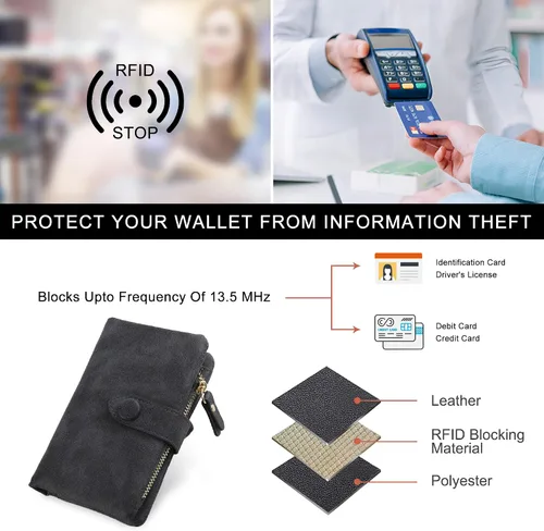 Vista 5 de Billeteras con bloqueo RFID para mujer, de gran capacidad, de cuero suave, cartera pequeña con correa para la muñeca, Negro -, Casual